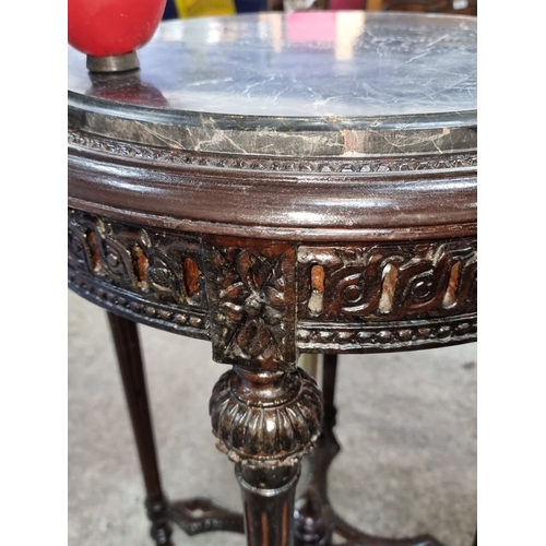 669 - Star lot : Pair of Edwardian-style cold Italian marble-top tables, intricately carved dark wood. App... 