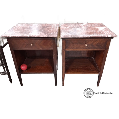 673 - Star Lot : A super pair of Art Deco bedside tables featuring rich mahogany wood and cold Italian mar... 