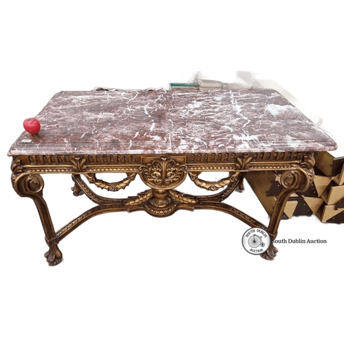 682 - Super Star Lot : An Antique Carved giltwood reception table with pink Italian marble top, featuring ... 