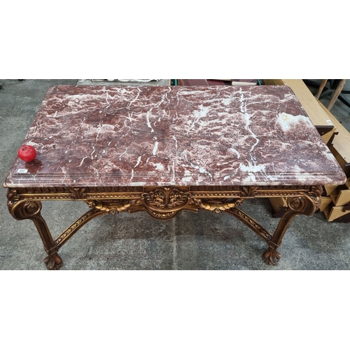 682 - Super Star Lot : An Antique Carved giltwood reception table with pink Italian marble top, featuring ... 