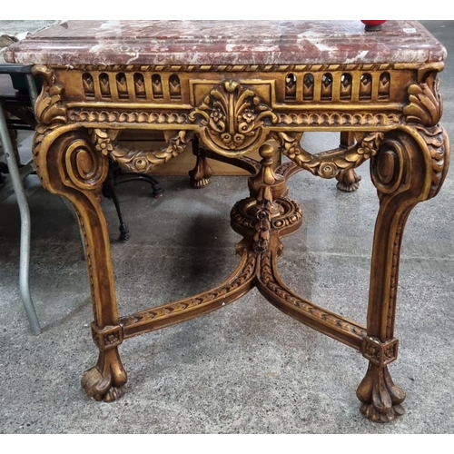 682 - Super Star Lot : An Antique Carved giltwood reception table with pink Italian marble top, featuring ... 