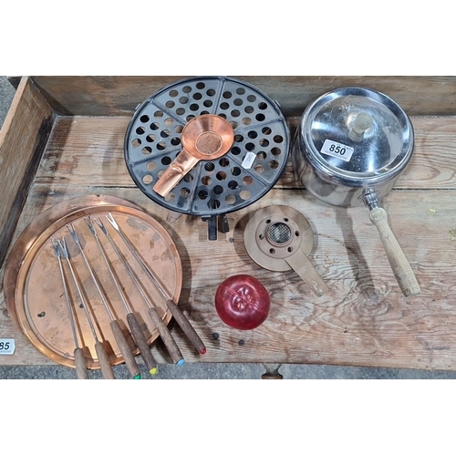 850 - Vintage fondue set includes copper tray, steel pot, burner, and six skewers with wooden handles. App... 