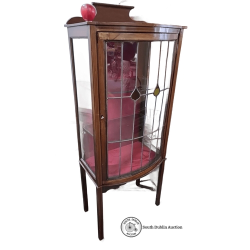 854 - Star lot : Edwardian mahogany  display cabinet with leaded glass door and red velvet interior. Appro... 