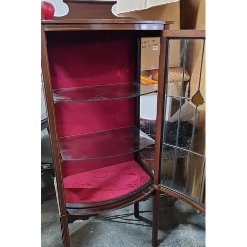 854 - Star lot : Edwardian mahogany  display cabinet with leaded glass door and red velvet interior. Appro... 