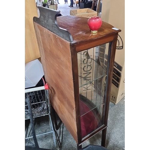 854 - Star lot : Edwardian mahogany  display cabinet with leaded glass door and red velvet interior. Appro... 