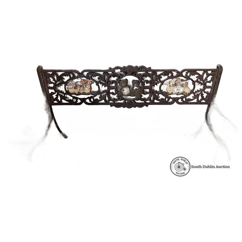 861 - Cast iron bench backrest with intricate scrollwork and painted animal motifs. Approximately 120 cm w... 