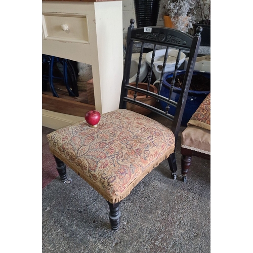 870 - Victorian mahogany chair with intricately carved backrest and tapestry upholstered seat. Approximate... 