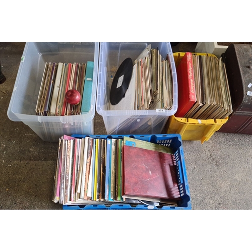 874 - Collection of assorted vinyl records in plastic bins, including albums from various artists and genr... 