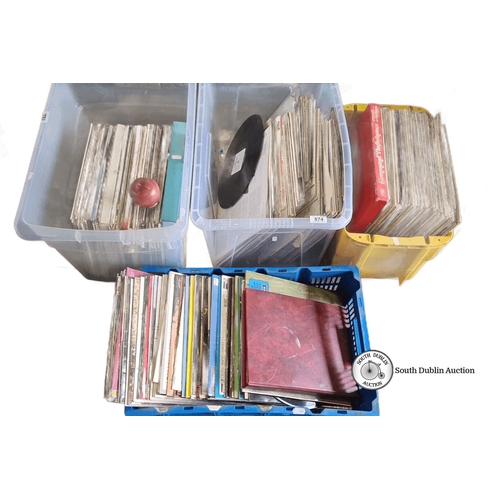 874 - Collection of assorted vinyl records in plastic bins, including albums from various artists and genr... 