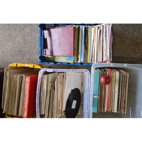 874 - Collection of assorted vinyl records in plastic bins, including albums from various artists and genr... 