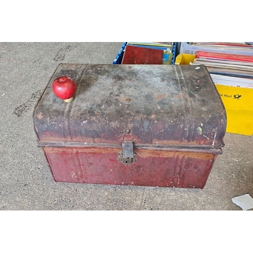 875 - Antique metal trunk with rustic patina and a domed lid. Approximately 36