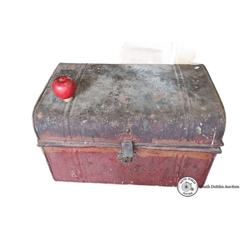 875 - Antique metal trunk with rustic patina and a domed lid. Approximately 36