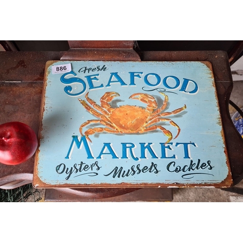 886 - Vintage-style seafood market sign featuring a crab, printed on distressed wood. Dimensions approxima... 