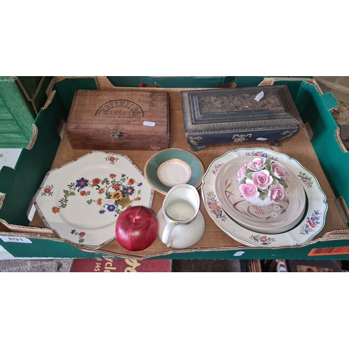 891 - Antique mixed lot including floral china plates, decorative jugs, a porcelain floral centerpiece, a ... 