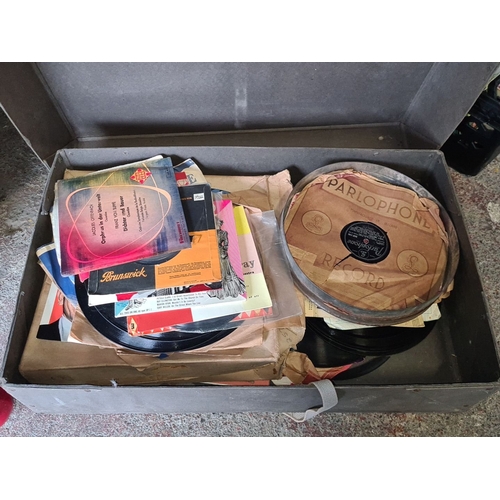 898 - Vintage Phoenix Launderers box containing assorted records with Parlophone and Brunswick labels. App... 