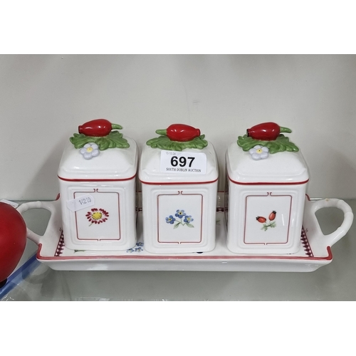 697 - A sweet Villeroy & Boch Petite Fleur charm jar set. All in good condition with stamps to base.