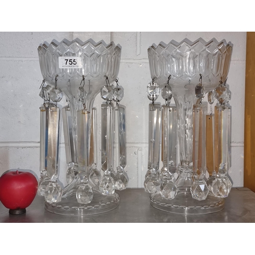 755 - A pair of large antique clear glass lusters. Some slight nibbles to base of rim.