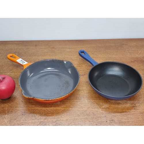 772 - Two Le Creuset mini cast iron pans one featuring two spouts. Both in good condition.