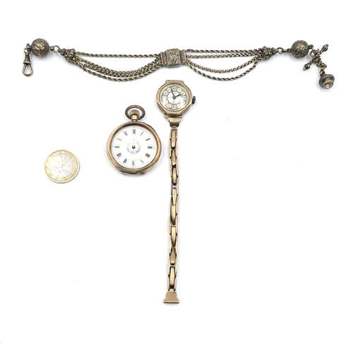 964 - Three items inc an unusual triple strand watch chain a Ladies wristwatch possibly gold and a fob wat... 