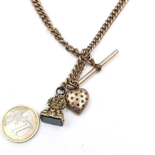 966 - A victorian gold toned Albert watch chain with a 9ct gold locket and gents fob. 48g total, Gold appr... 