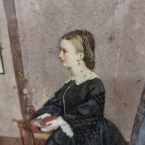 1047 - Star Lot: A delicate original 19th century gouache on paper painting. Features a woman in mourning d... 