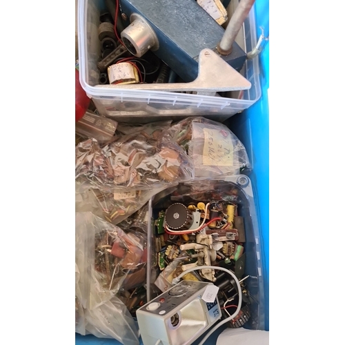 1133 - Mixed lot containing various electronic components and devices, including transformers, switches, di... 