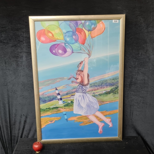 1167 - A very large print featuring a young child flying with balloons. Housed in a brushed chrome frame be... 