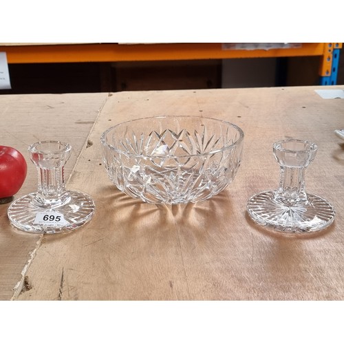 695 - Three nice pieces of Waterford Crystal including a pair of candlesticks, and a bowl. All in great co... 