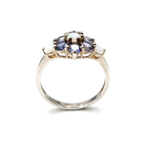 562 - A very fine sapphire & opal cluster ring mounted in sterling silver. Ring size - U. Weight - 3.23 gr... 