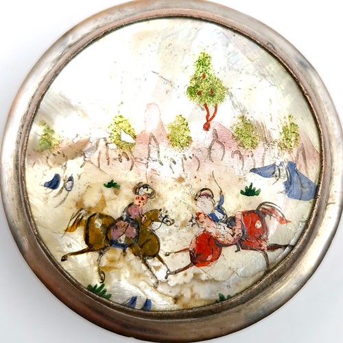 570 - A circular Antique Persian snuff box set with a mother of pearl picture design to lid depicting 18th... 