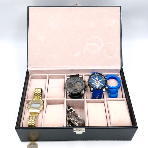 949 - A large double watch box with lucite window with 12 watches probably replicas.