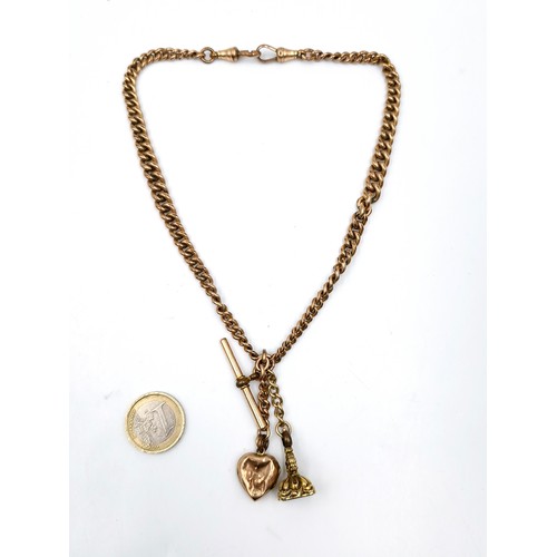 966 - A victorian gold toned Albert watch chain with a 9ct gold locket and gents fob. 48g total, Gold appr... 