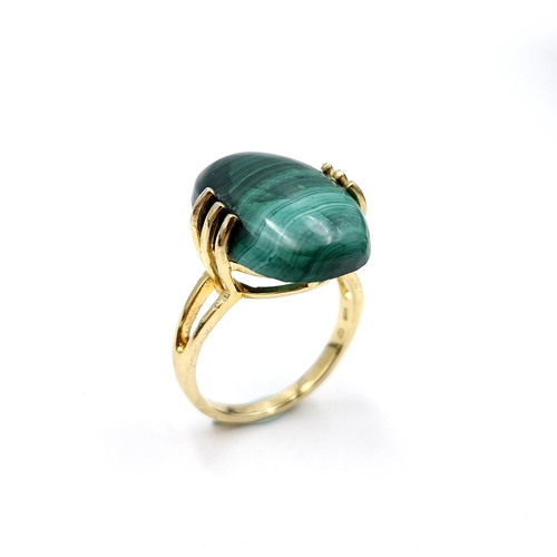 431 - A nine carat gold plated malachite stone ring set in a claw mount. Size - S. Weight - 7.3 grams. Box... 