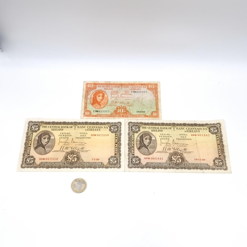 444 - Star lot : Three Lady Lavery Irish bank notes. 1 x 10 shillings, 2 x 5 pounds. All dated 1950 (Grade... 