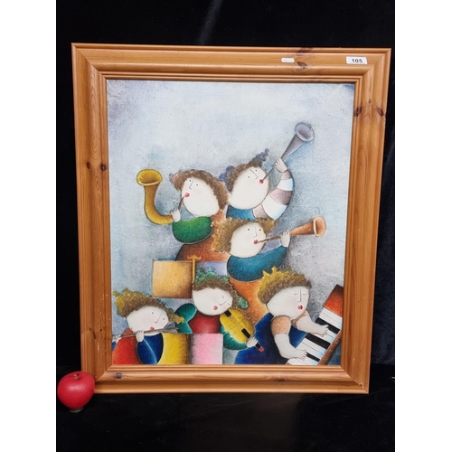 105 - A joyful oil on canvas painting after Joyce Roybal. Features characterful children playing musical i... 