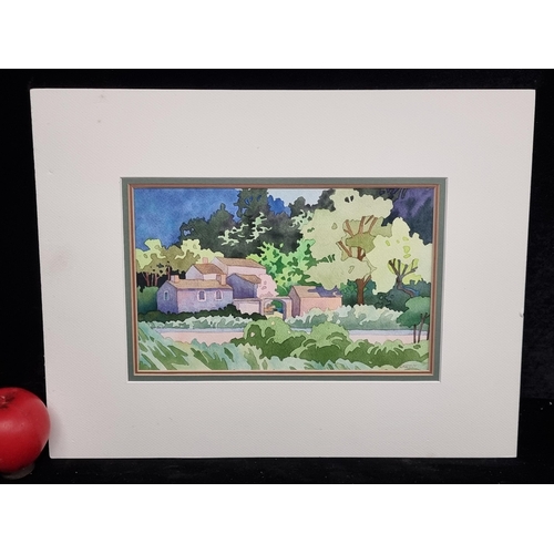 111 - An original Italian watercolour on paper painting. Features a sunlit landscape with traditional buil... 