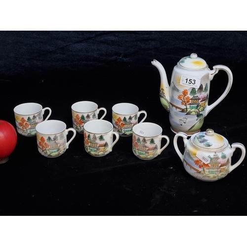 153 - A Samurai Japanese hand painted coffee set including coffee pot, lidded sugar bowl and six coffee cu... 