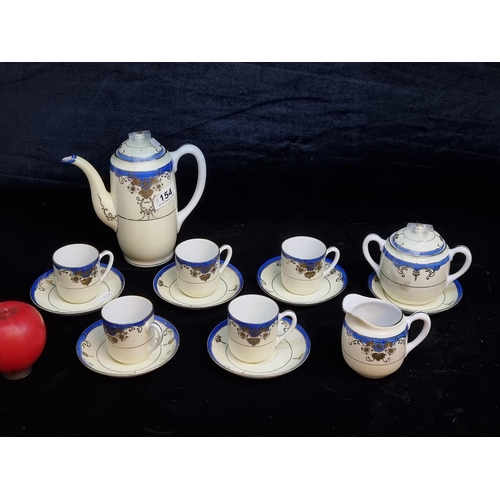 154 - A pretty mite hand painted coffee set from Japan including coffee pot, lidded sugar bowl and cups an... 