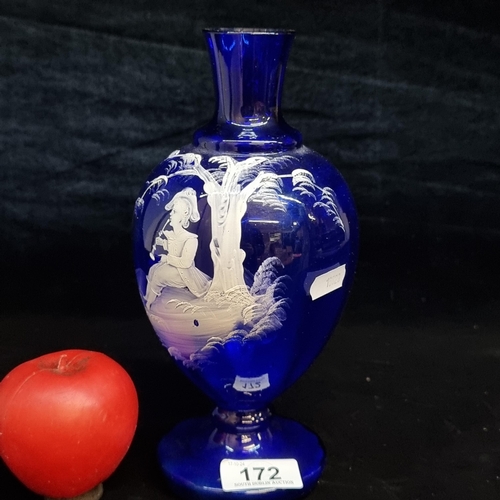 172 - A very nice example of a Mary Gregory cobalt blue bohemian art glass vase. Featuring the class white... 