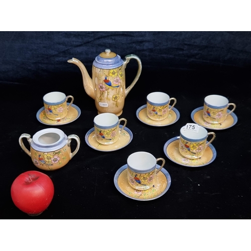 175 - A hand painted Japanese coffee set including coffee pot, cups, saucers and sugar bowl. In good condi... 