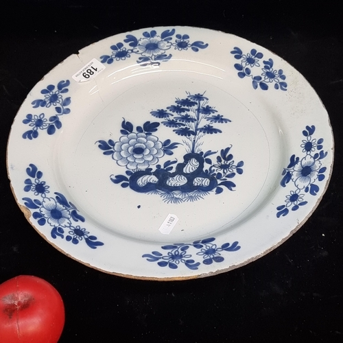 189 - Mid 18th century English Delftware Tin Glazed Plate. Large early plate but faults throughout.