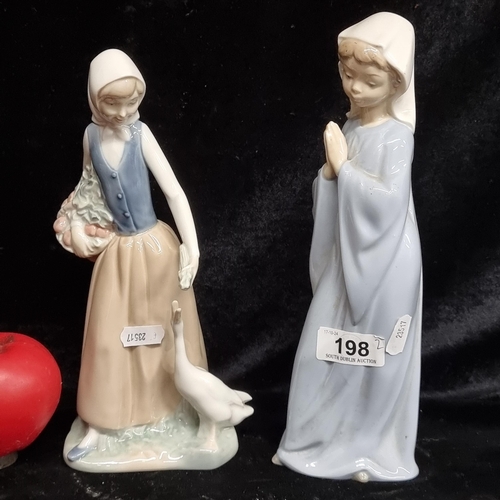 198 - Two Nao porcelain figures including Young Girl Praying and a Girl with Geese. Both in good condition... 