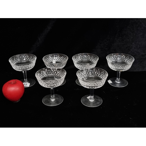 222 - Star Lot : A set of six Waterford Crystal champagne coupes in the Alana pattern. Five in good condit... 