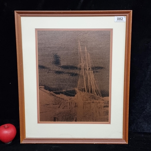 82 - A detailed copper plate engraving / etching. Features a nautical scene with ships. Housed in a woode... 