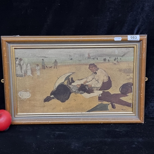 83 - A print on board after an original painting by 'Edgar Degas' titled 'Beach Scene'. Housed in a woode... 