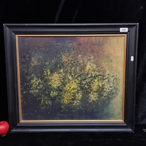 88 - A large original oil on board painting. Features a still life botanical study of yellow flowers. Ren... 