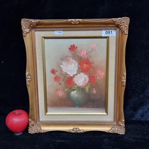 91 - A beautiful oil on canvas painting featuring a still life of pink and red flowers in a vase. Rendere... 