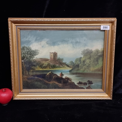 98 - A 19th century antique oil on board painting (Continental school) featuring a lone travelling figure... 