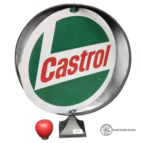 657 - Vintage Castrol advertising sign with circular design, mounted on a metal stand. Approximately 24 in... 