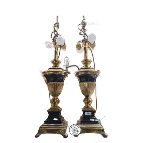 660 - Star Lot : A beautiful Pair of brass and black metal table lamps, urn-style design. Approximately 24... 